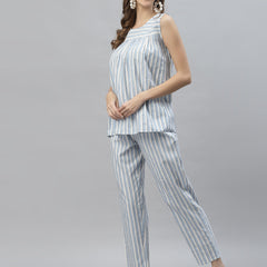 Stylum Women's Self Woven Striped Cotton Blend Top and Pant Set (CORDNAILA)