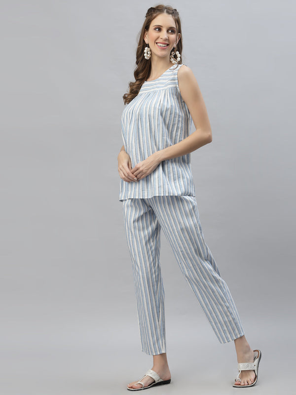 Stylum Women's Self Woven Striped Cotton Blend Top and Pant Set (CORDNAILA)