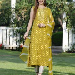 Bandhej Printed A-Line Kurta with Dupatta