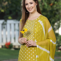 Bandhej Printed A-Line Kurta with Dupatta