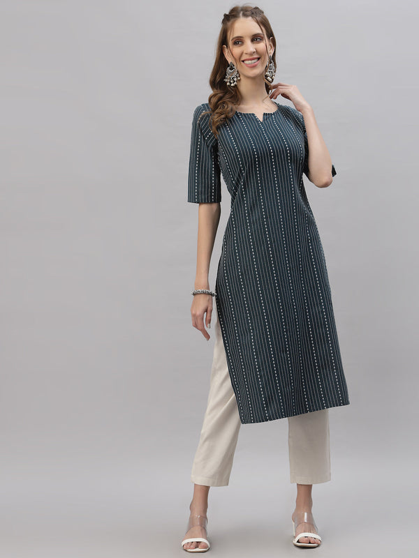Stylum Women's Self Woven Striped Cotton Blend Straight Kurta (DAISYTEAL)