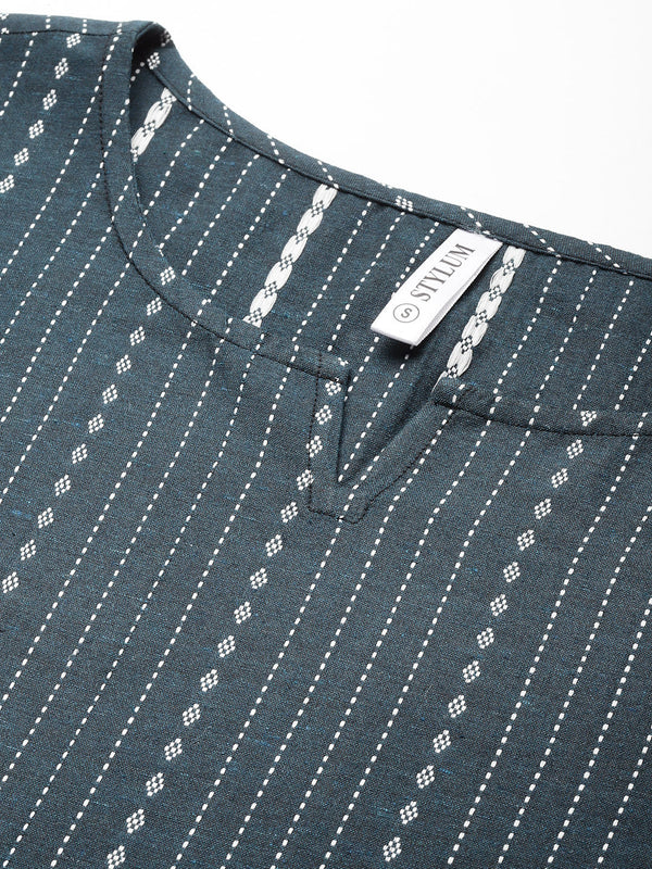 Stylum Women's Self Woven Striped Cotton Blend Straight Kurta (DAISYTEAL)