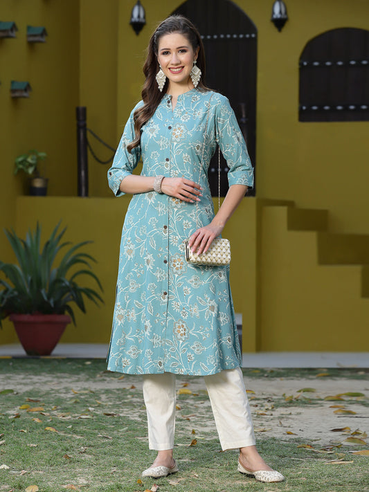 Embroidered Rayon Cotton A-Line Kurta, Leggings (Blue,Red