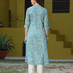 Stylum Women's Floral Print Rayon A-Line Kurta (FIONAAQUA)