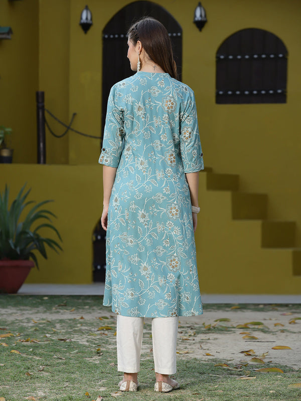 Stylum Women's Floral Print Rayon A-Line Kurta (FIONAAQUA)