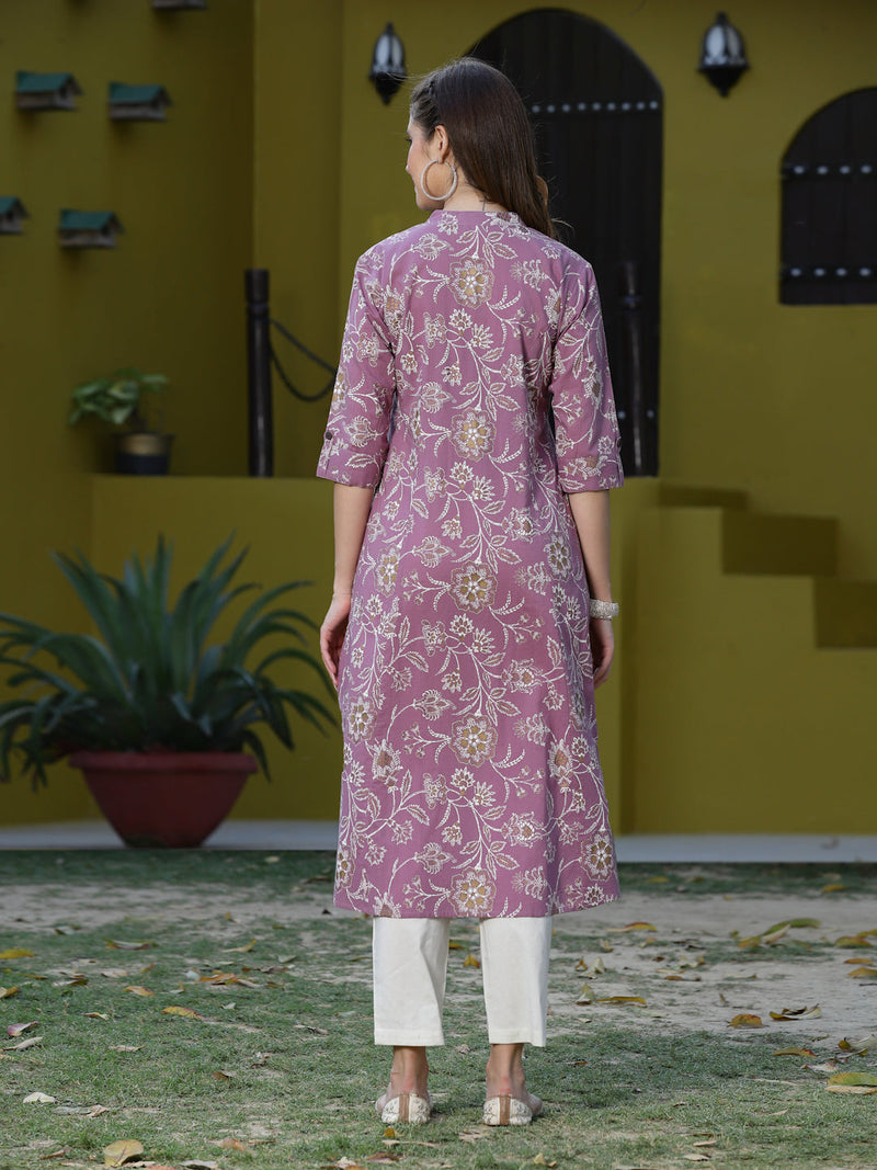 Stylum Women's Floral Print Rayon A-Line Kurta (FIONAMAUVE)