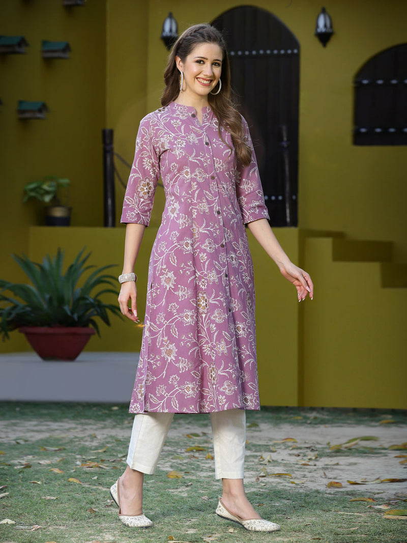 Stylum Women's Floral Print Rayon A-Line Kurta (FIONAMAUVE)