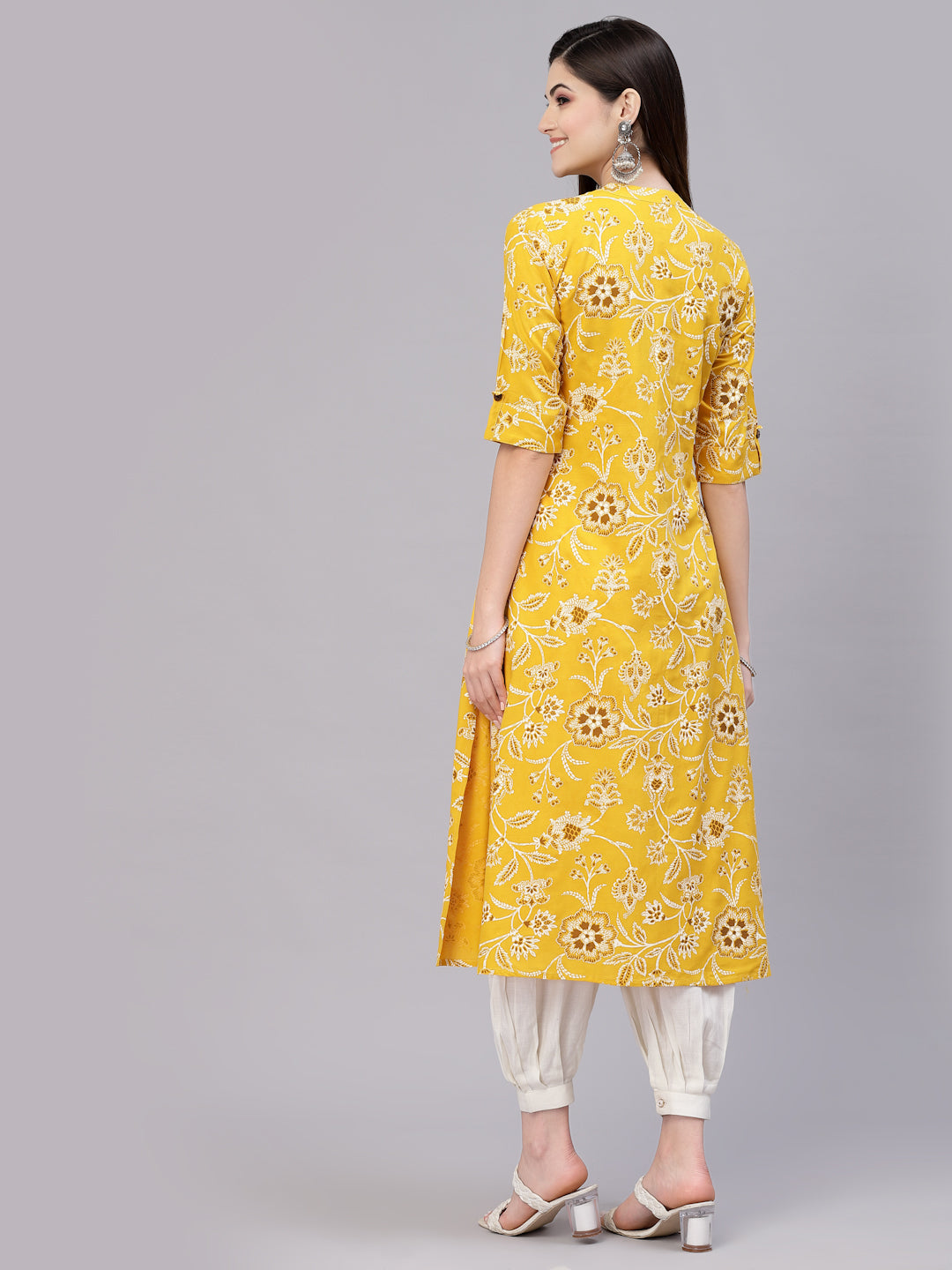 Stylum Women's Floral Print Rayon A-Line Kurta (FIONAMUSTARD)