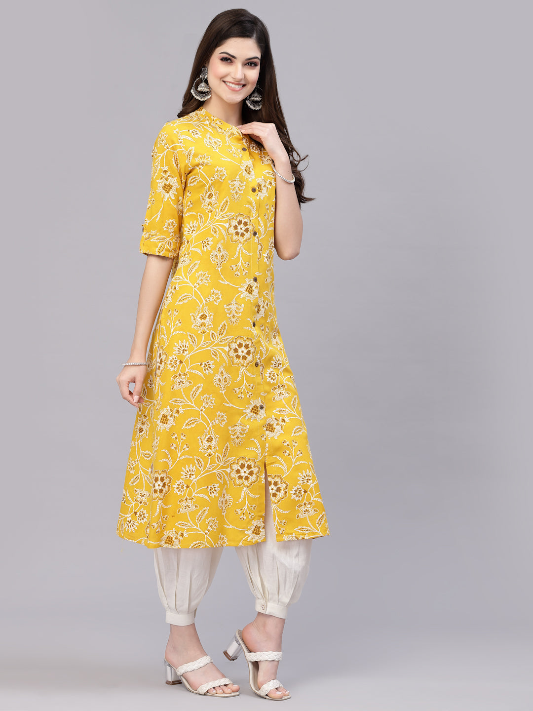 Stylum Women's Floral Print Rayon A-Line Kurta (FIONAMUSTARD)