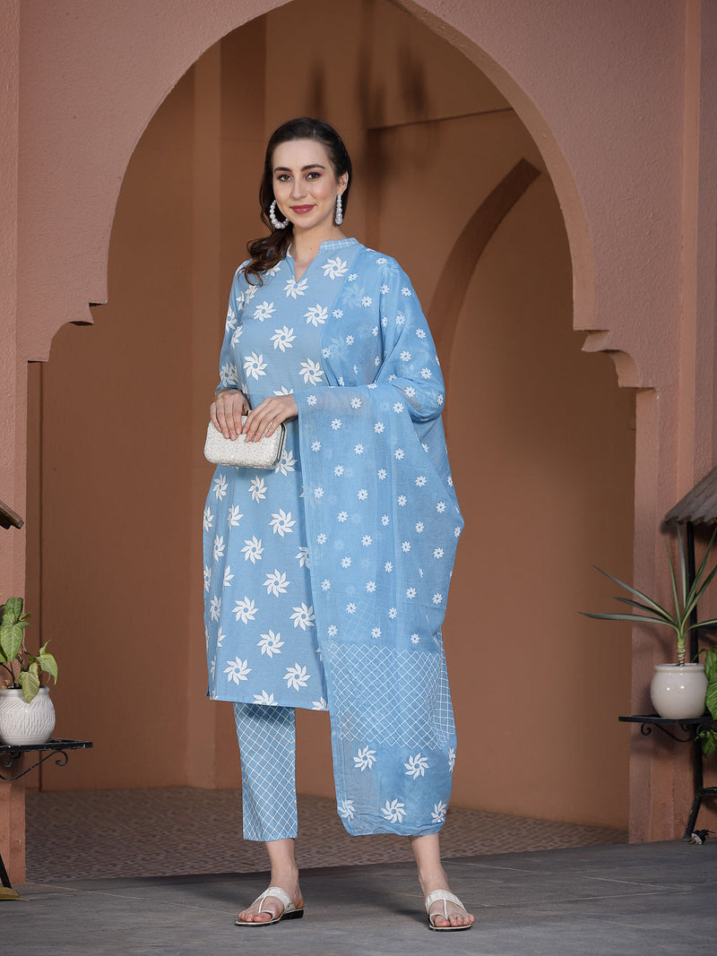 Stylum Women's Printed Cotton Straight Kurta Pant Dupatta Set (Greykhadikpdset)