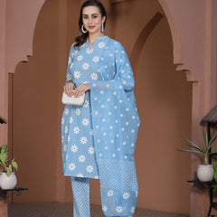 Stylum Women's Printed Cotton Straight Kurta Pant Dupatta Set (Greykhadikpdset)