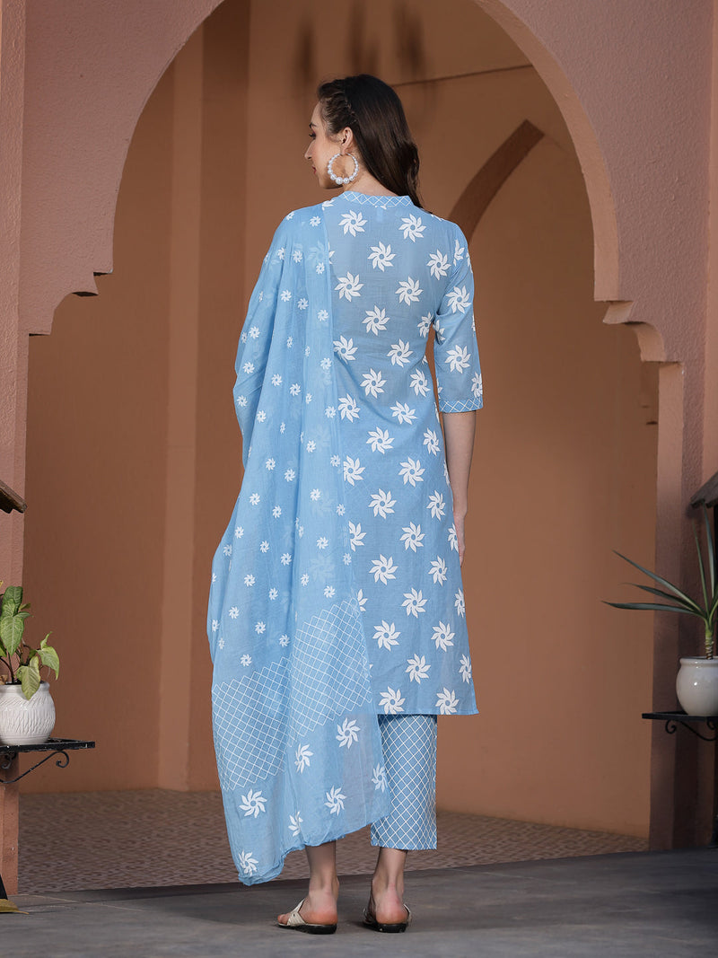 Blue Cotton Straight Kurta Pant Dupatta Set