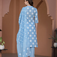 Blue Cotton Straight Kurta Pant Dupatta Set
