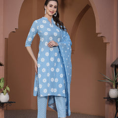 Stylum Women's Printed Cotton Straight Kurta Pant Dupatta Set (Greykhadikpdset)