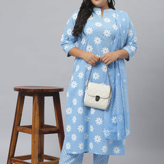 Stylum Women's Printed Cotton Straight Kurta Pant Dupatta Set (GreyKhadiKPD)