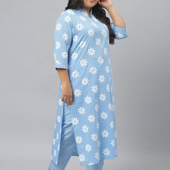 Stylum Women's Printed Cotton Straight Kurta Pant Dupatta Set (GreyKhadiKPD)