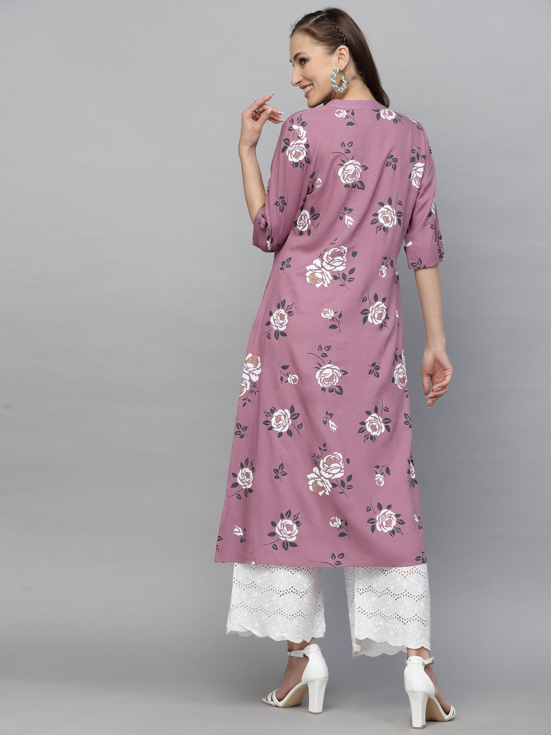 Mauve Floral Printed A-Line Kurta