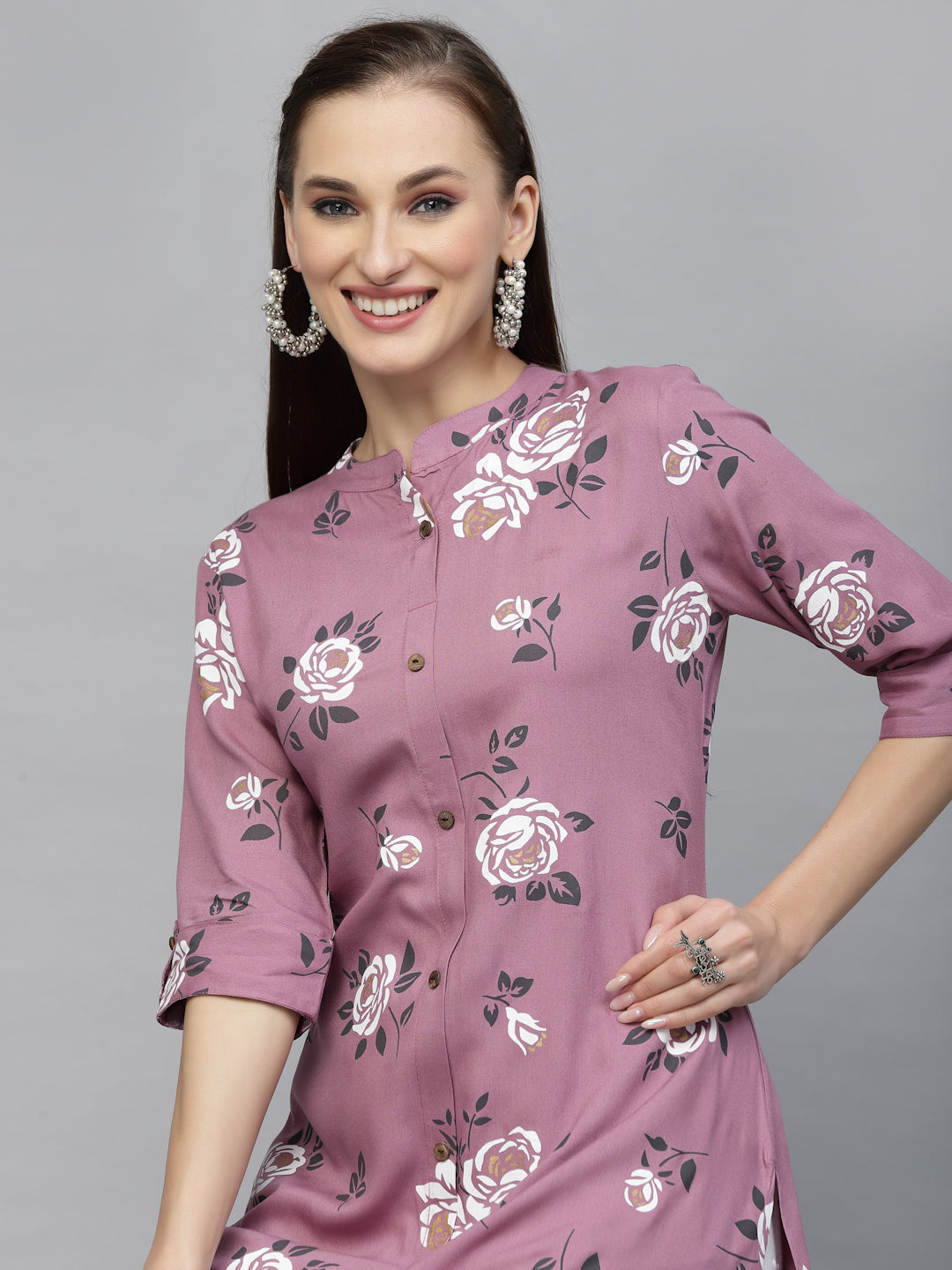 Mauve Floral Printed A-Line Kurta