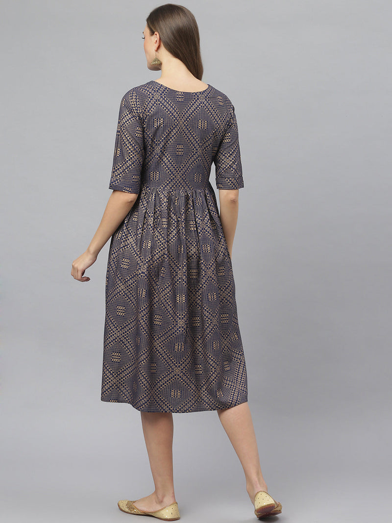 Stylum Women's Tribal Print Rayon Midi Flared Dress (JORDENNAVY)