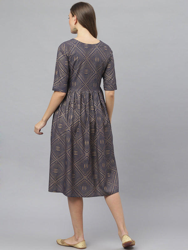 Stylum Women's Tribal Print Rayon Midi Flared Dress (JORDENNAVY)