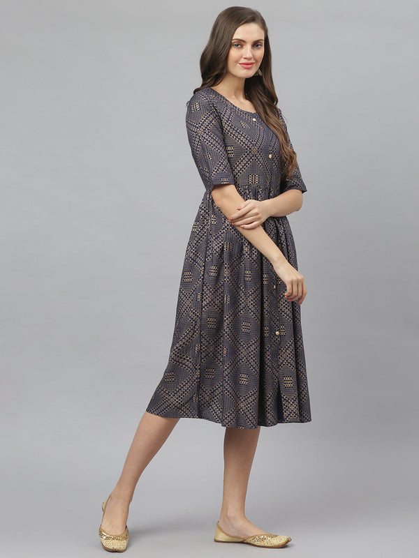 Stylum Women's Tribal Print Rayon Midi Flared Dress (JORDENNAVY)