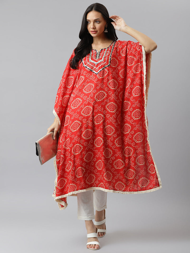 Stylum Women's Bandhani Print Rayon Kaftan Kurta (KAFT1RED)