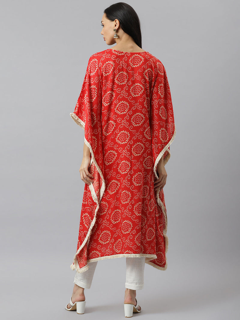 Stylum Women's Bandhani Print Rayon Kaftan Kurta (KAFT1RED)
