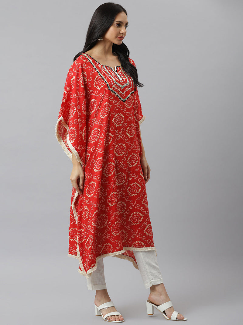 Stylum Women's Bandhani Print Rayon Kaftan Kurta (KAFT1RED)