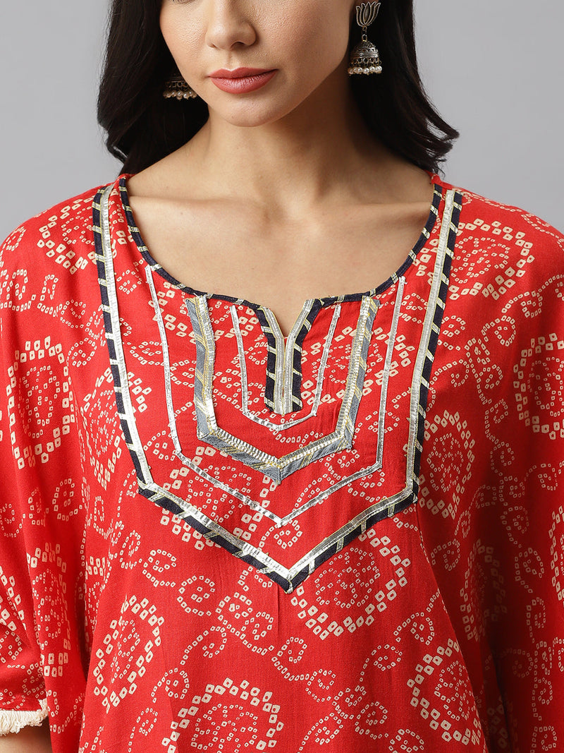 Stylum Women's Bandhani Print Rayon Kaftan Kurta (KAFT1RED)