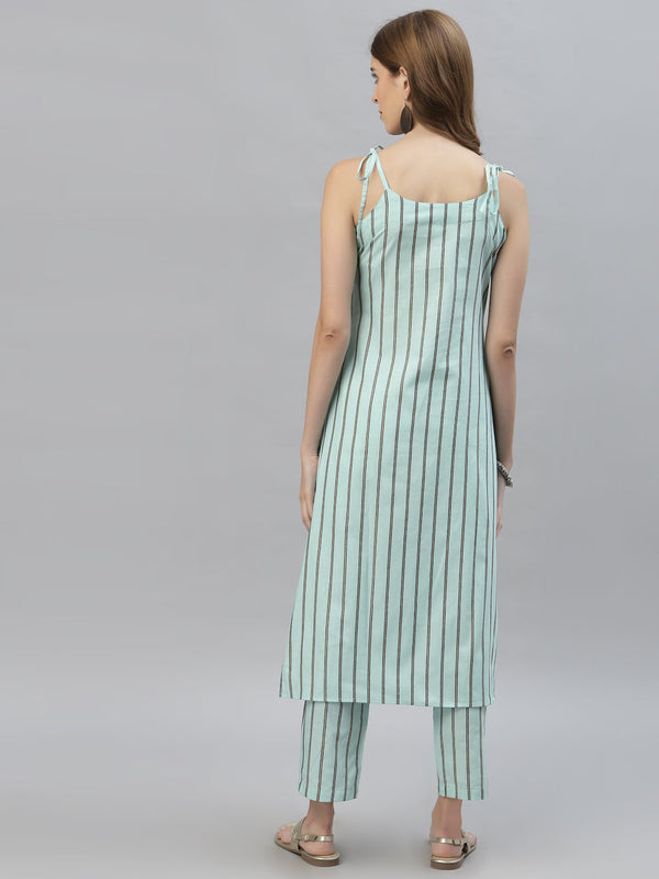 Stylum Women's Striped Cotton Blend Straight Kurta Pant Set (KELLYTURQ)