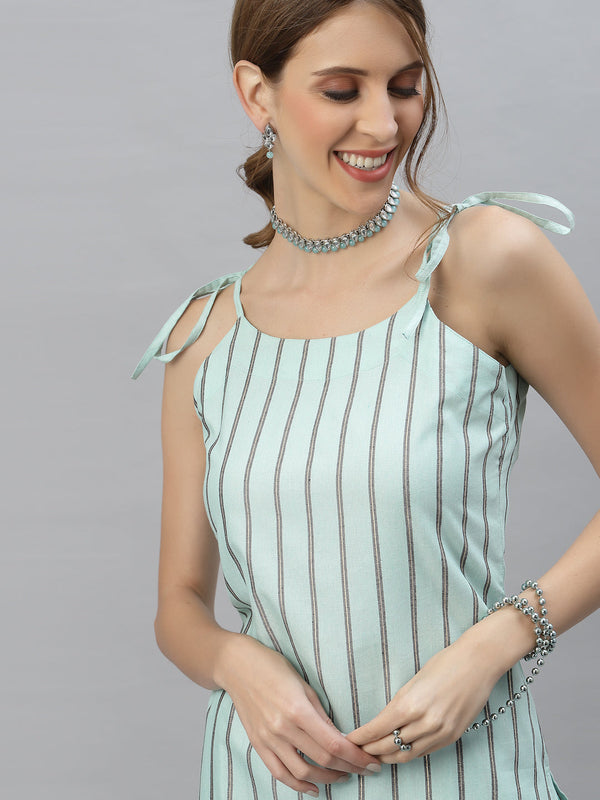 Stylum Women's Striped Cotton Blend Straight Kurta Pant Set (KELLYTURQ)