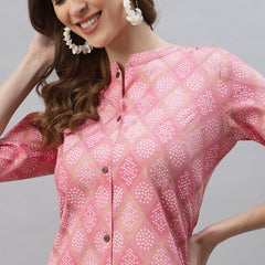 Stylum Women's Bandhani Printed Cotton Blend Straight Kurta (KESARPINK)