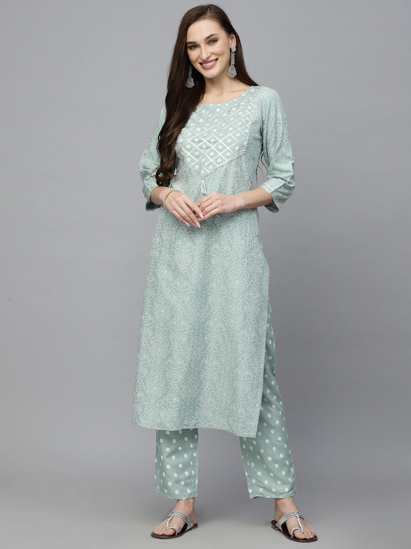 Stylum Women's Bandhej Printed Rayon Kurta Pant Dupatta Set (KPDAGROLEMON)