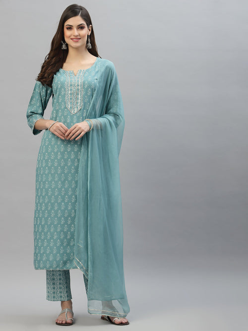 Floral Printed Rayon Kurta Pant Dupatta Se