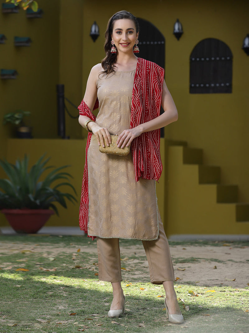 Stylum Women's Beige Floral Print Rayon Kurta, Pant and Dupatta Set (KPDBEIGELOTUS)