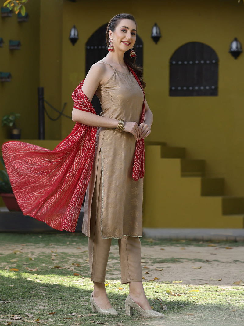 Stylum Women's Beige Floral Print Rayon Kurta, Pant and Dupatta Set (KPDBEIGELOTUS)