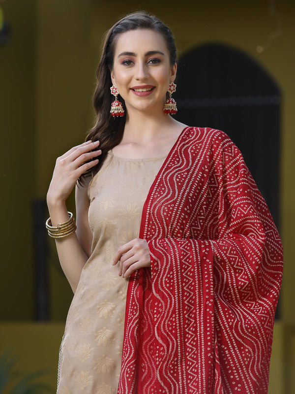 Stylum Women's Beige Floral Print Rayon Kurta, Pant and Dupatta Set (KPDBEIGELOTUS)