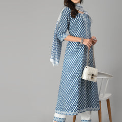 Cotton Flared Kurta Pant Dupatta Set