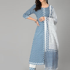 Cotton Flared Kurta Pant Dupatta Set