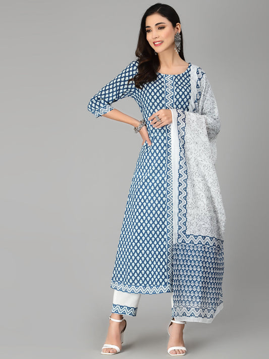 Cotton Flared Kurta Pant Dupatta Set