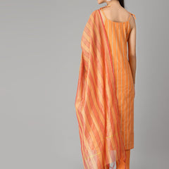 Striped Cotton Blend Straight Kurta Pant Dupatta Set