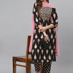 Stylum Women's Floral Print Rayon Straight Kurta Pant Dupatta Set (KPDMONTYBLACK)