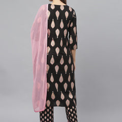 Stylum Women's Floral Print Rayon Straight Kurta Pant Dupatta Set (KPDMONTYBLACK)