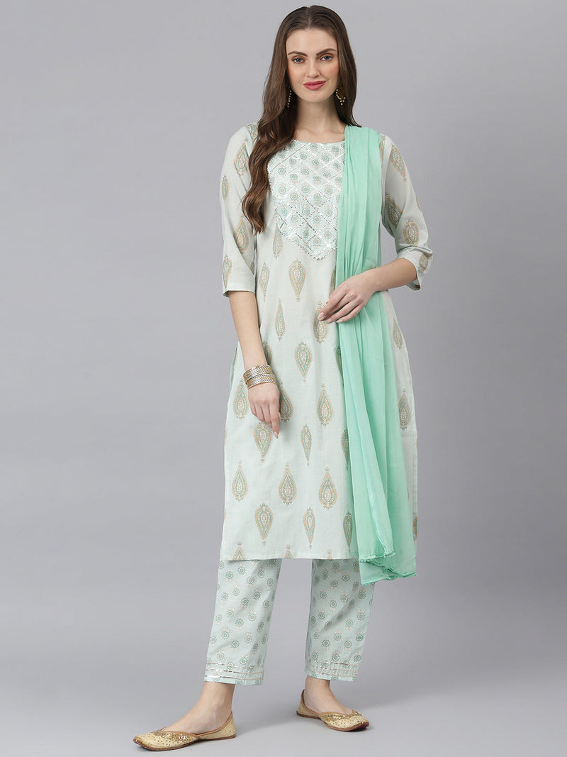 Stylum Women's Printed Rayon Straight Kurta Pant Dupatta Set (KPDMONTYGREEN)