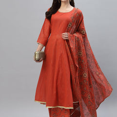 Stylum Women's Floral Printed Cotton Anarkali Kurta Palazzo Dupatta Set (KPDORANGELUREX)