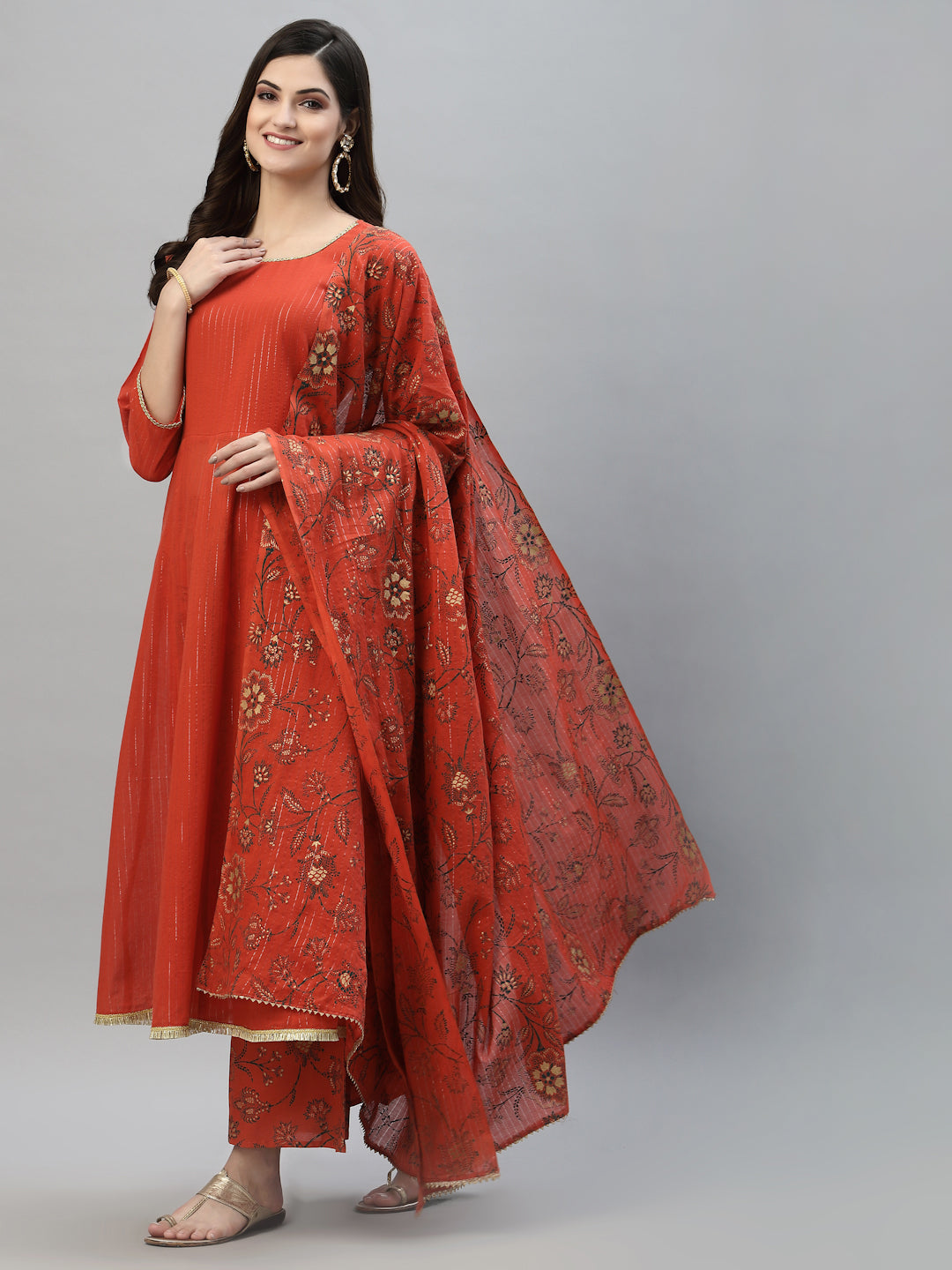 Orange Anarkali Kurta Palazzo Dupatta Set