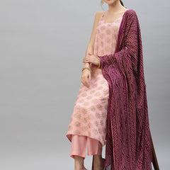 Stylum Women's Gold Print Rayon Straight Kurta Pant Dupatta Set (KPDPINKLOTUS)
