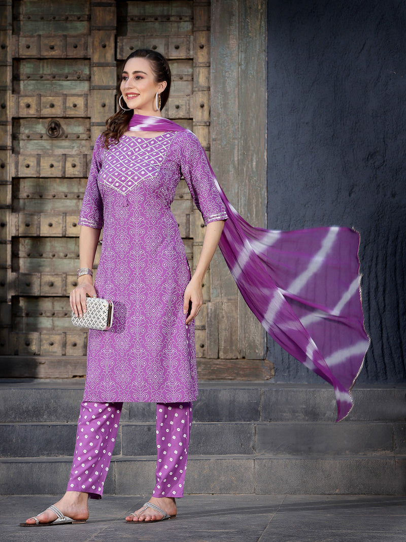 Stylum Women's Bandhej Printed Rayon Kurta Pant Dupatta Set (KPDPURPLELEMON)
