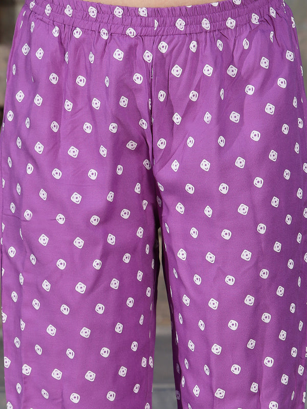Stylum Women's Bandhej Printed Rayon Kurta Pant Dupatta Set (KPDPURPLELEMON)