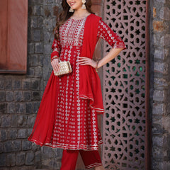 Rayon Embroidered Anarkali Kurta Pant Dupatta Set
